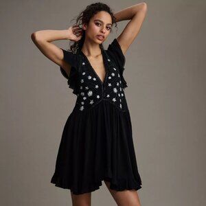 Anthropologie V-Neck Sequin Deco Swing Dress (Black, Medium)